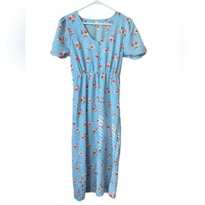 Full Circle Trends Women's Blue Midi Dress Print Floral Short Sleeves Size Small